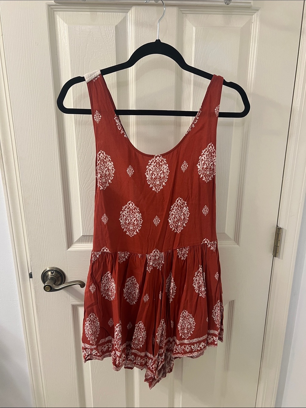 Women's Rust Red Printed Open Back Romper